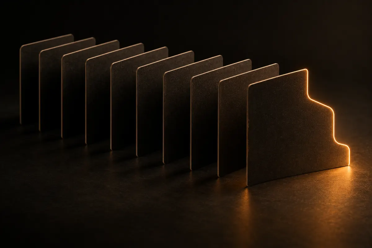Logiciel standard ou sur mesure : une rangée de gabarits sombres identiques et un seul gabarit découpé sur mesure, contour ambré