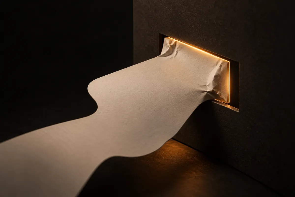 Objet en papier crème irrégulier forcé dans une fente rectangulaire sombre, l'interstice éclairé par une lumière ambrée