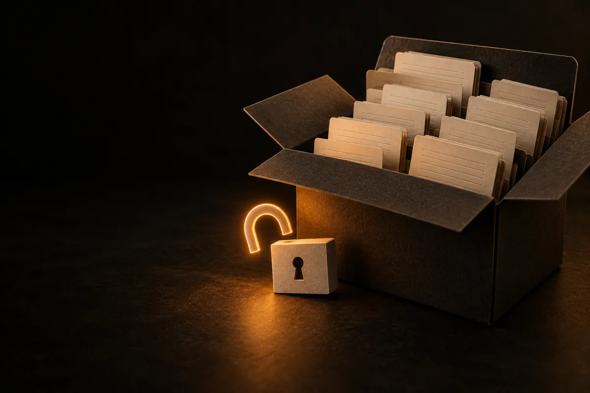 Un carton de déménagement rempli de fiches en papier à côté d'un cadenas ouvert